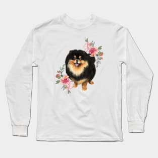 Cute Black Pomeranian Dog with Flowers Watercolor Art Long Sleeve T-Shirt